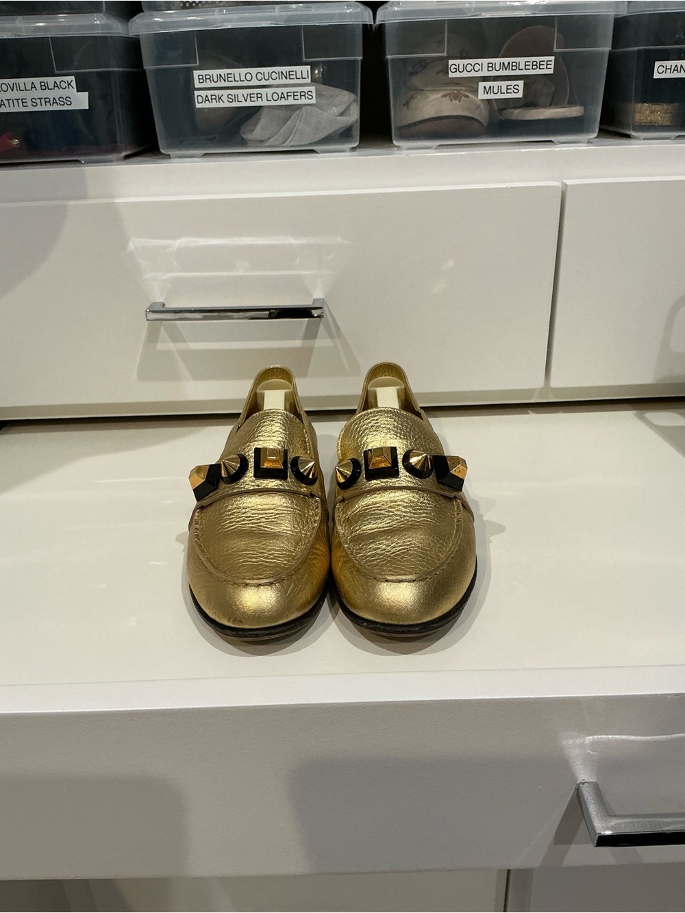 Fendi Metallic Gold Leather Loafers with Black Stud Trim